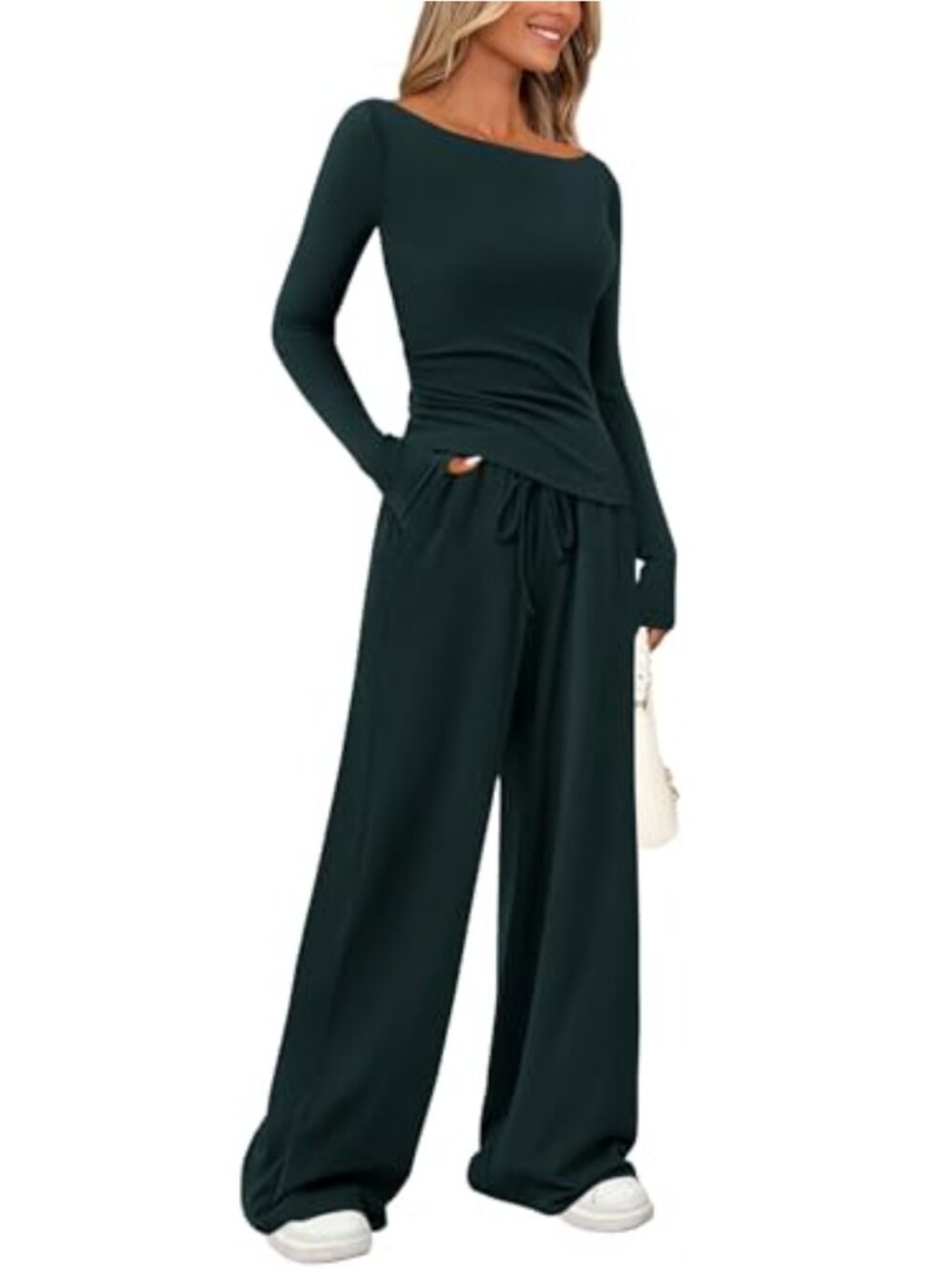 Women's 2 Piece Lounge Set Long Sleeve Top Wide Leg Pants Casual Outfit